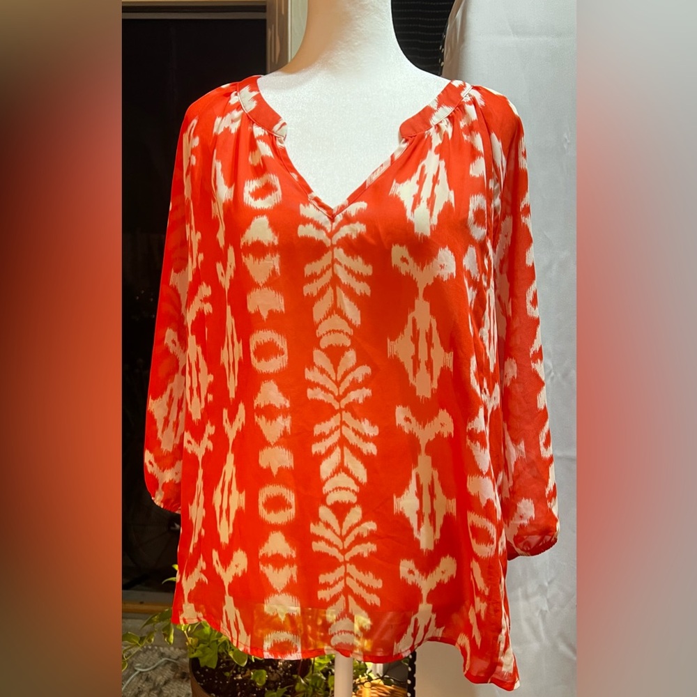 Gap Women's Orange White Ikat Print Split Neck 3/4 Sleeve Blouse Size Lg